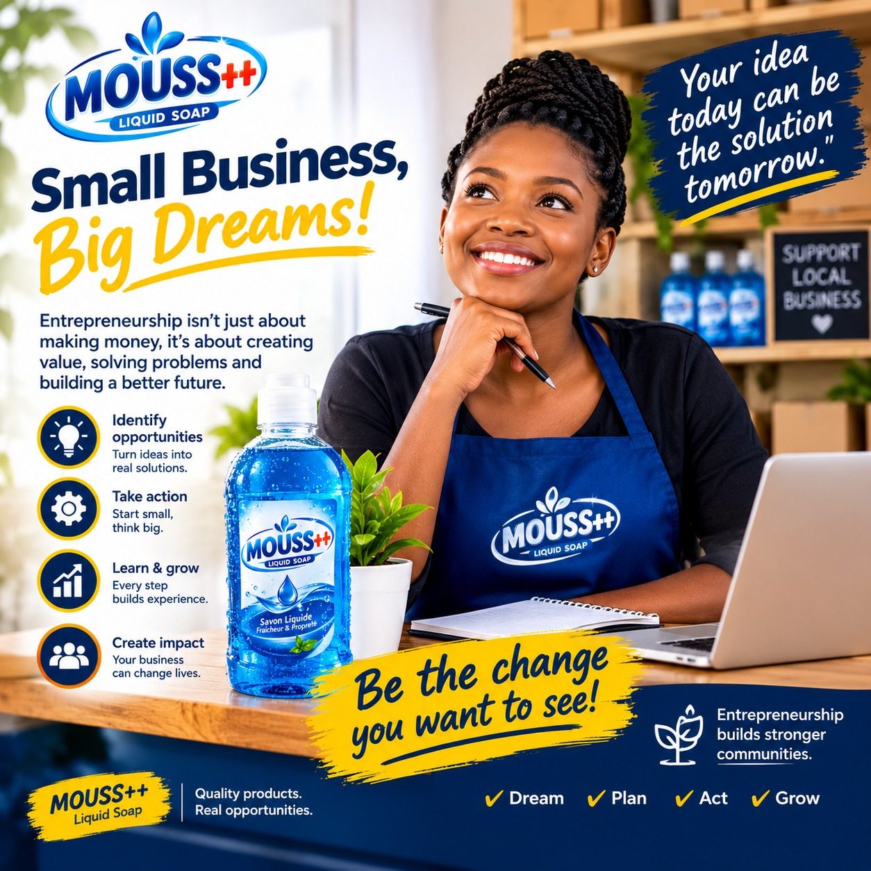 Affiche de lancement de la marque MOUSS++ Liquid Soap, dévoilée le 26 octobre 2026 à Douala